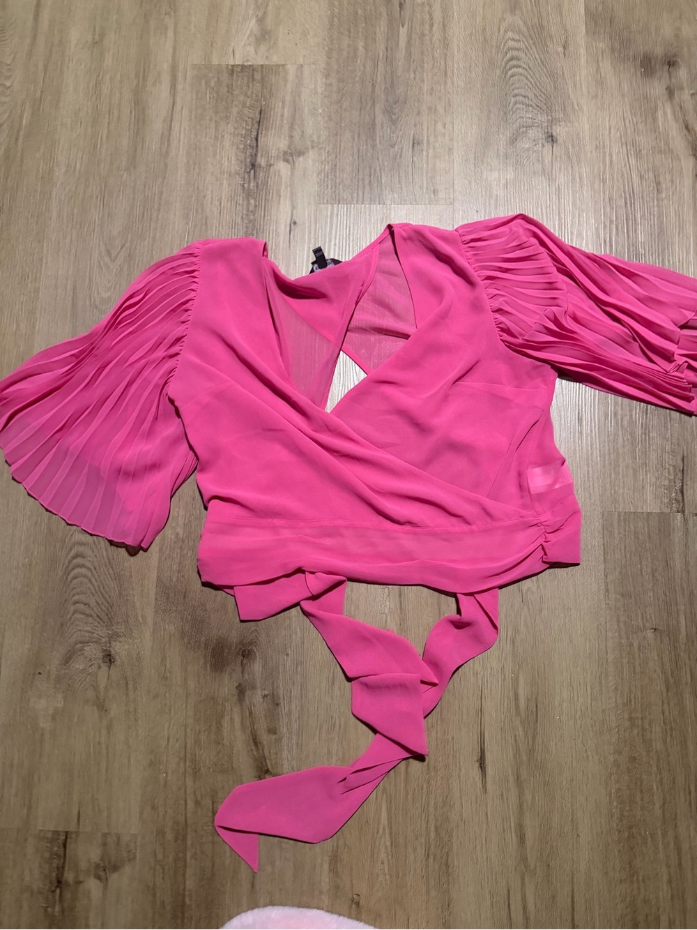Express Hot Pink Wrap Blouse with Pleated Puff Sleeves